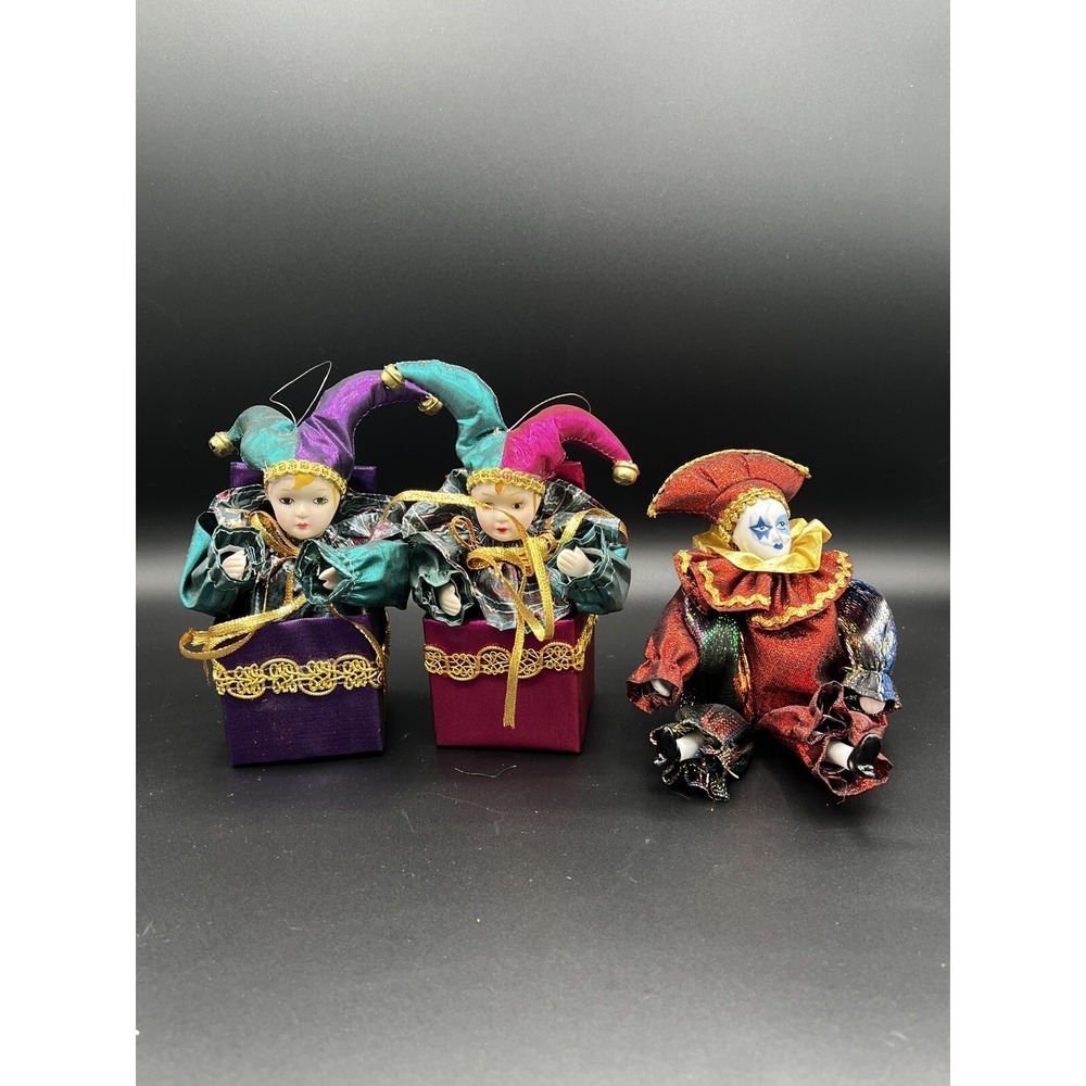 Vintage‎ M Jester Doll Green Purple Gold Metallic Set Of 3 Ornaments